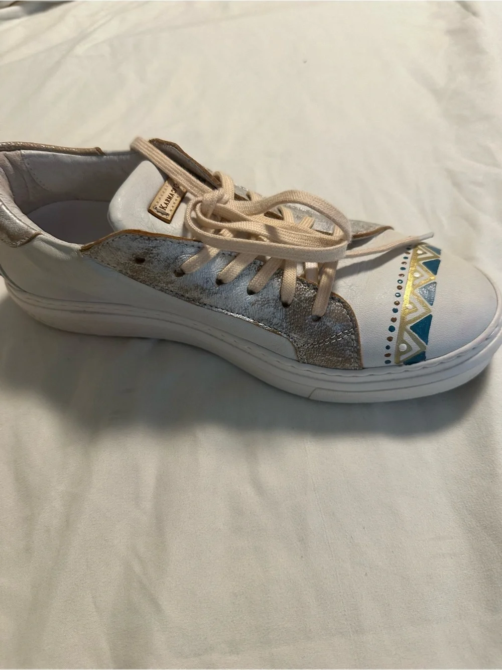 Karma of Charme Italian Leather Sneakers White Silver Blue Geometric Shoes EU 38